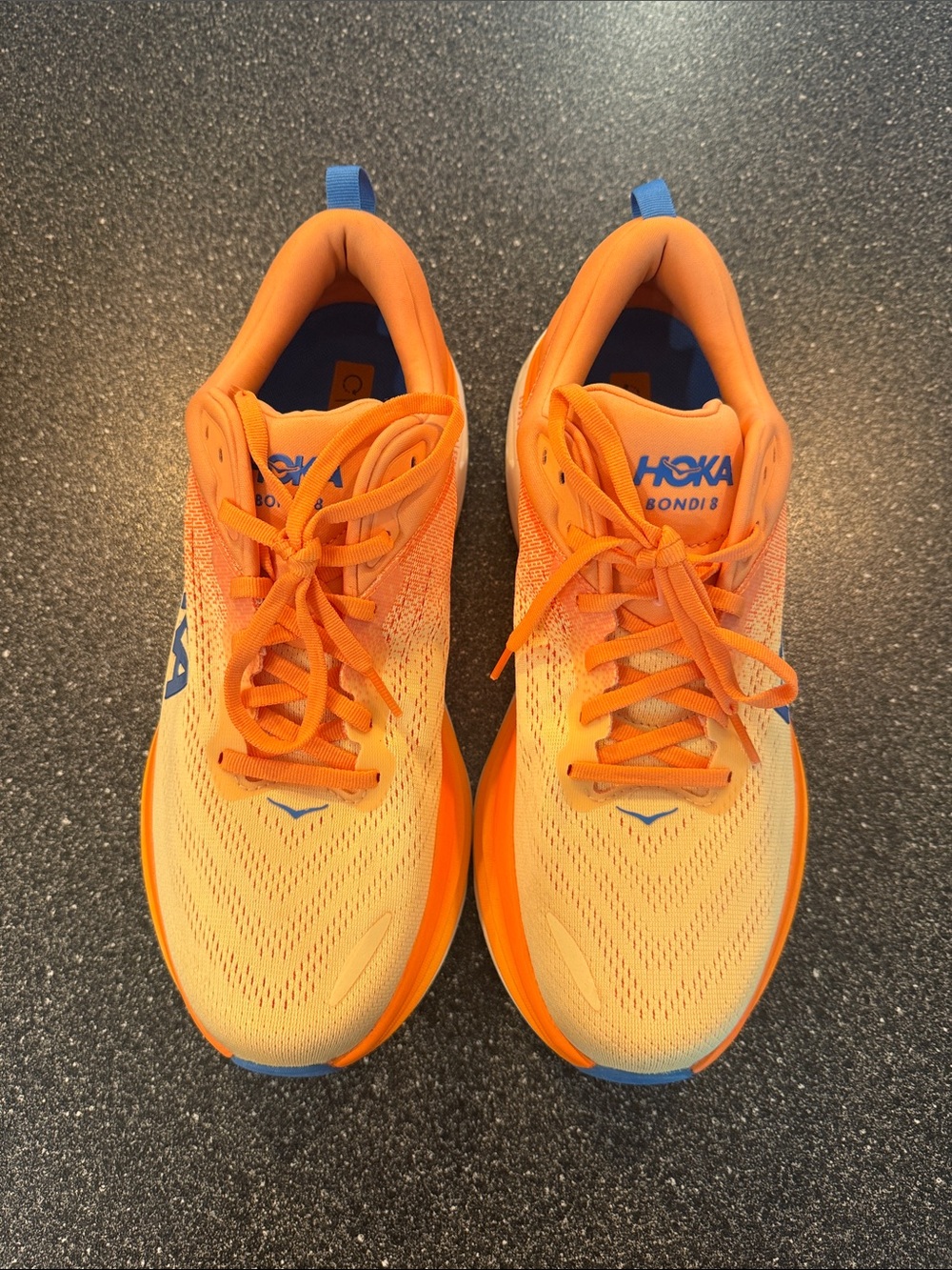 Men’s Like New Hoka Orange and Blue Bondi 8 Running Shoe - size 12